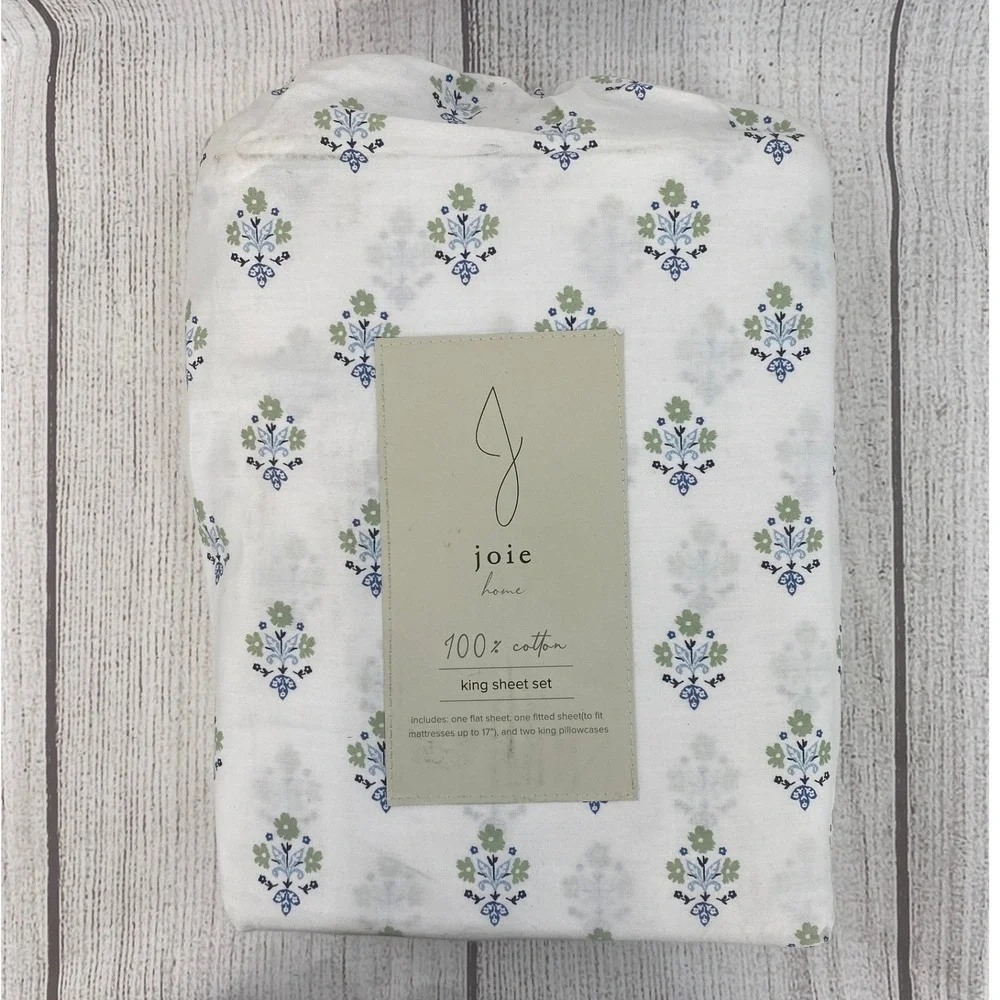 Joie Home Sheet Set KING White Floral Block Print 100% Cotton Cottagecore